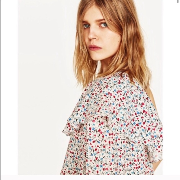 Zara Tops Zara White Floral One Shoulder Ruffle Blouse Poshmark